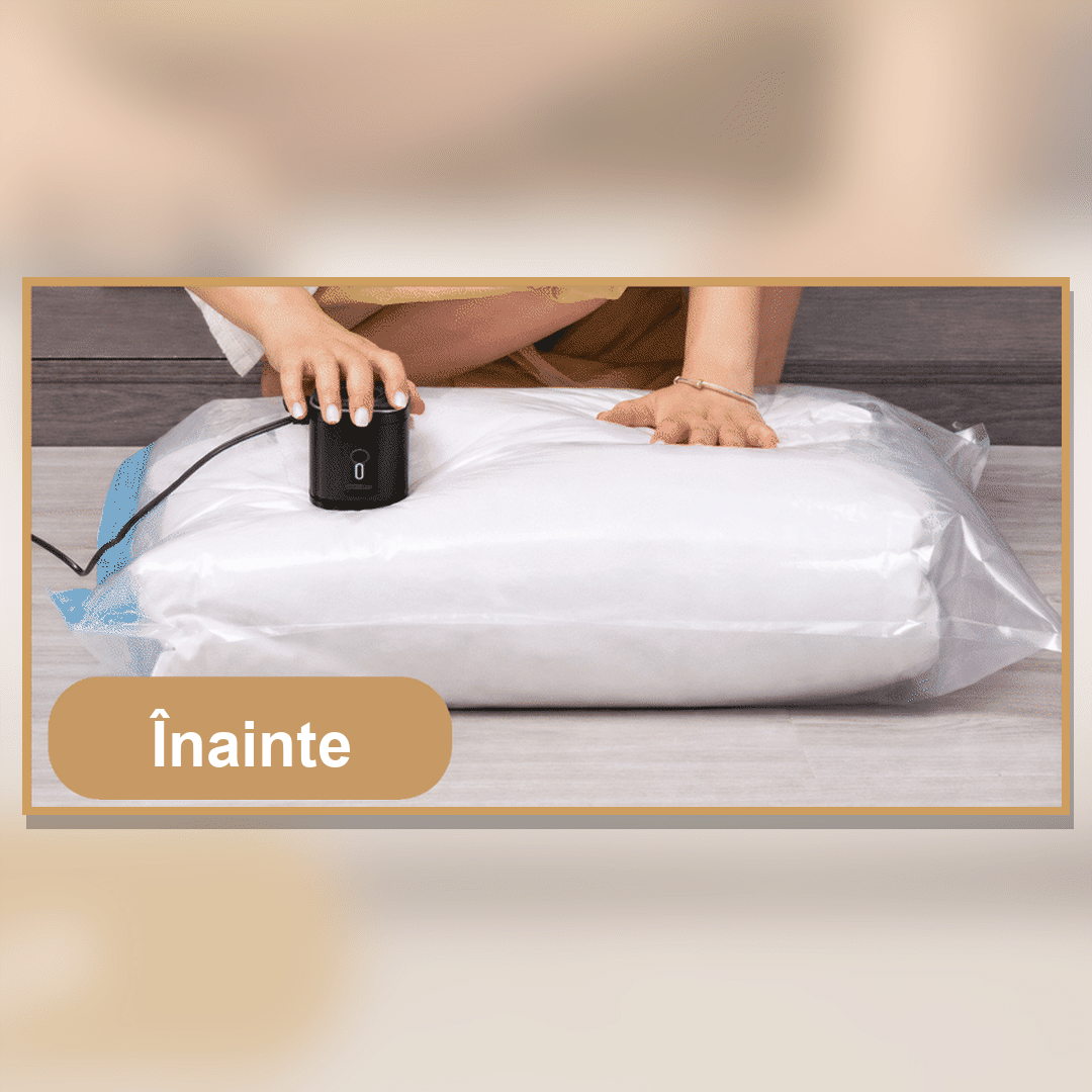 Înainte și după vidare: haine comprimate într-un sac cu pompa electrică Air Pump