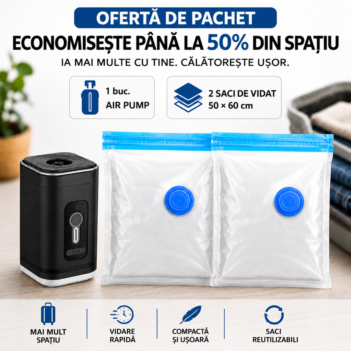 Set Air Pump cu pompă electrică neagră și 2 saci de vidat de 50 × 60 cm pentru bagaje